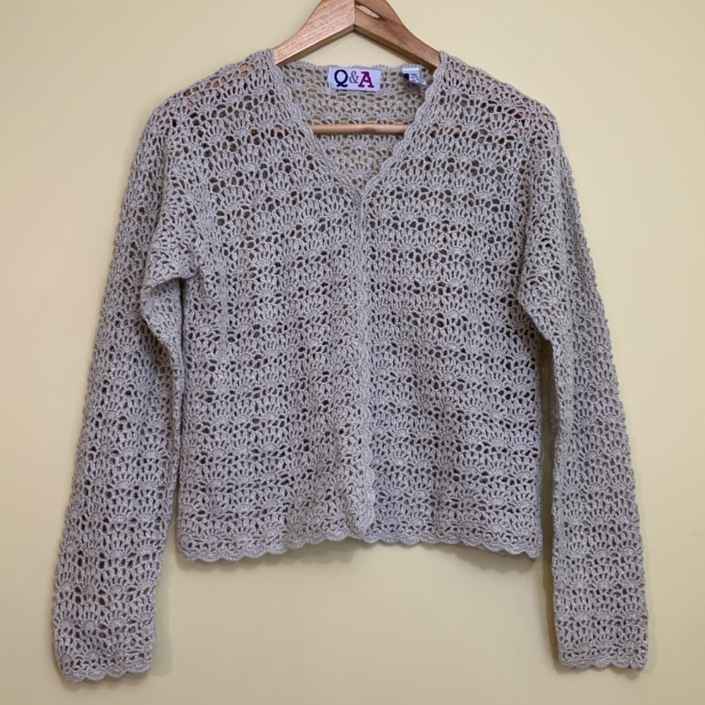 Q & A | Vintage Crochet Open Knit Scalloped One Button Long Sleeve Cardigan M